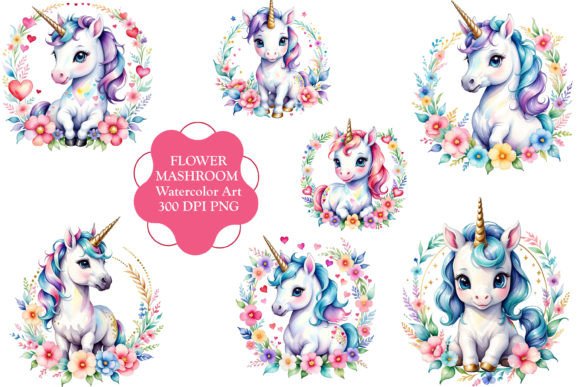 Enchanting Unicorn Flower Watercolor Clipart for Magical Designs